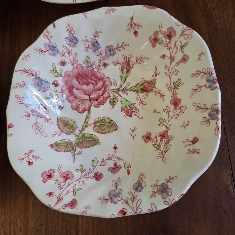Vintage Johnson Brothers Rose Chintz Ironstone 4 Soup Bowls Cottagecore 30s-50s